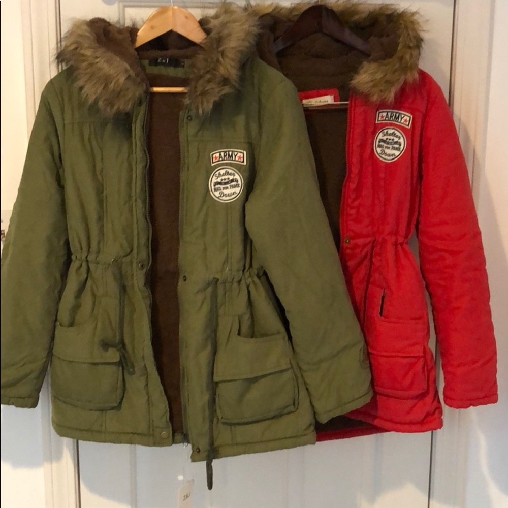 Two New hooded jackets. String cinches waist.